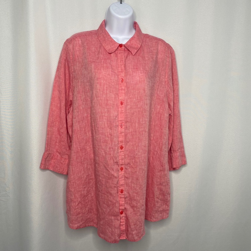 Chicos No-Iron 100% Linen Tunic Shirt Coral Pink 3/4 Sleeve Back Button Sz 3 XL
